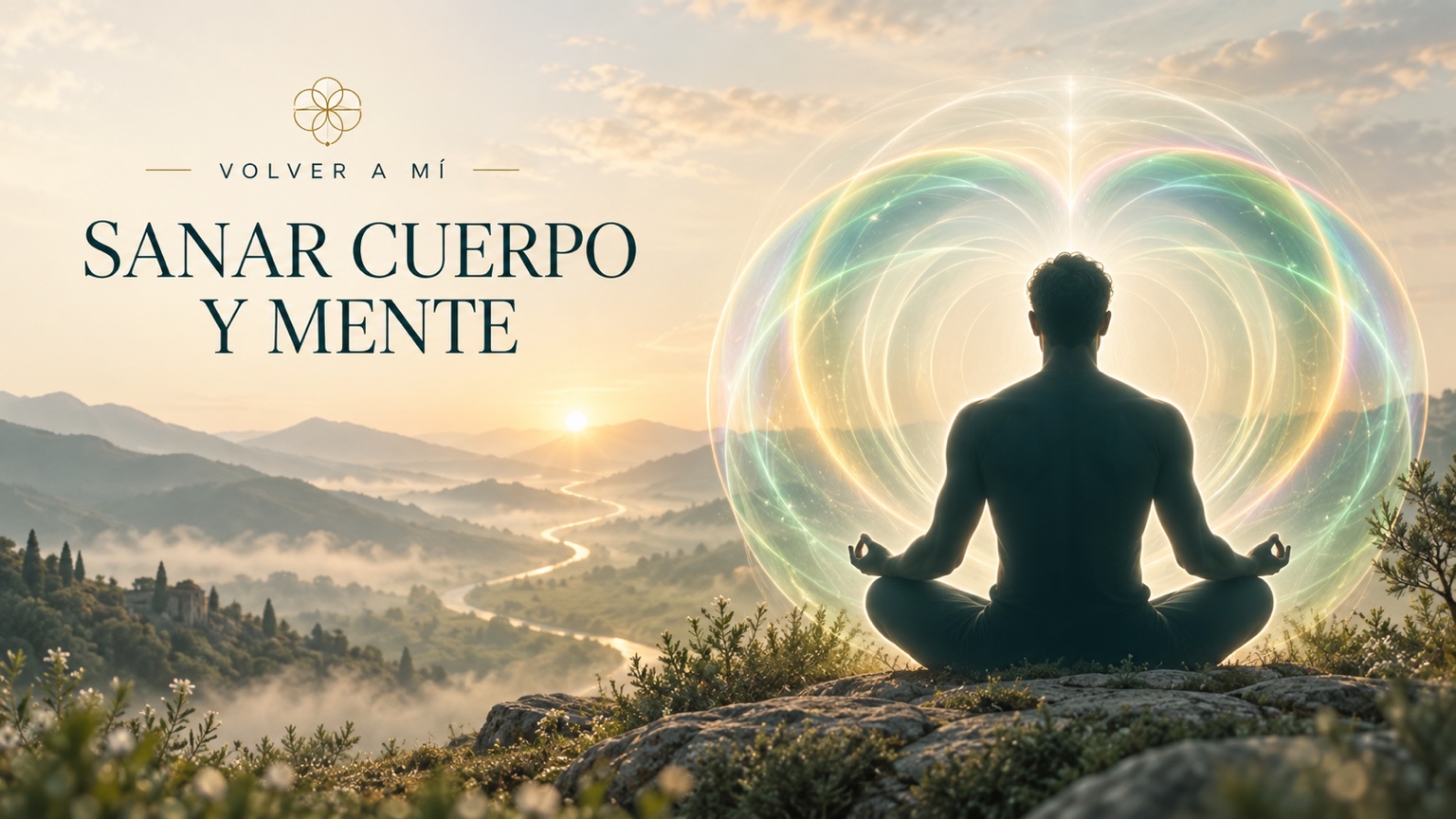 Silueta meditando rodeada de un aura de luz